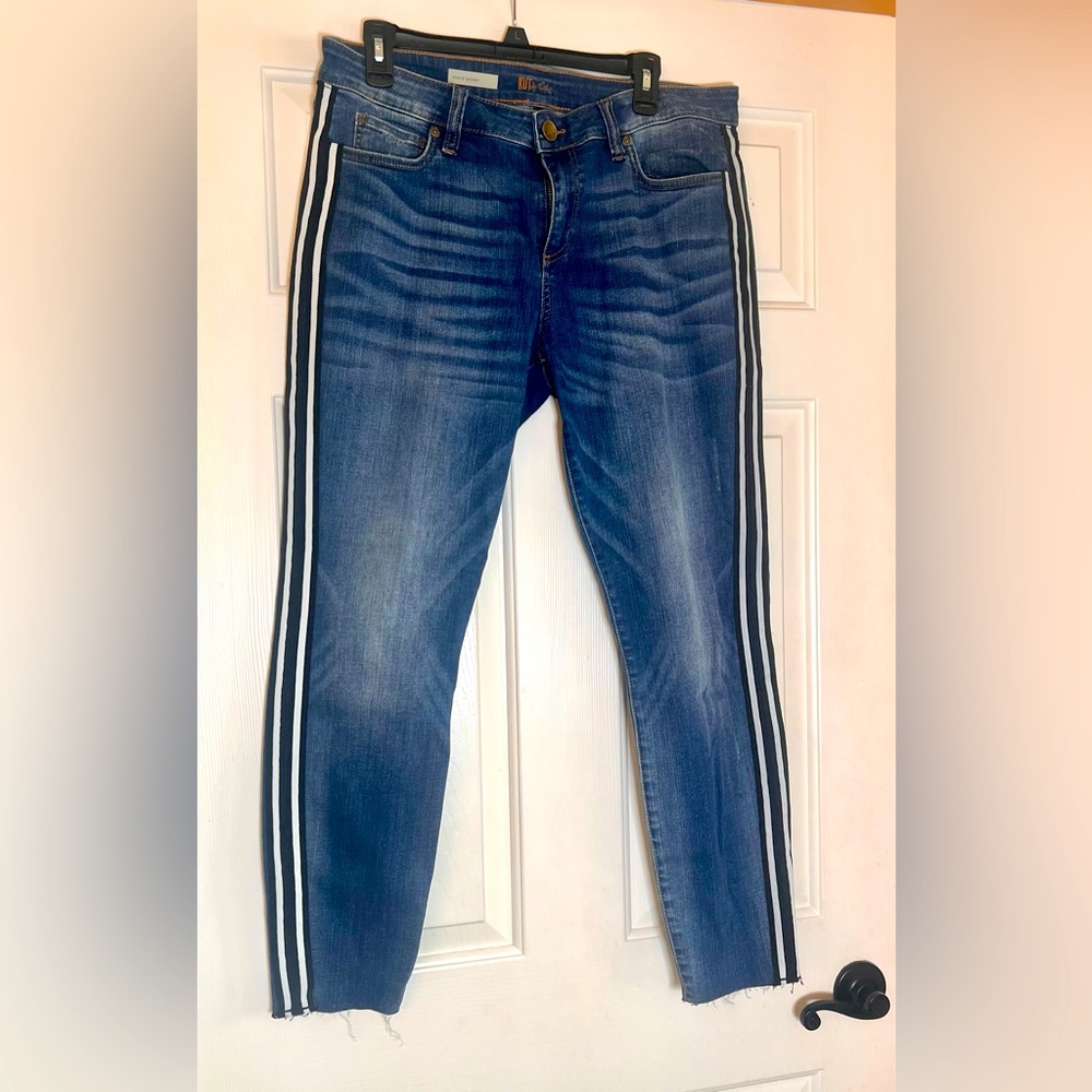 Size 14 Kut from the Kloth tuxedo stripe, distressed jeans, ankle skinny